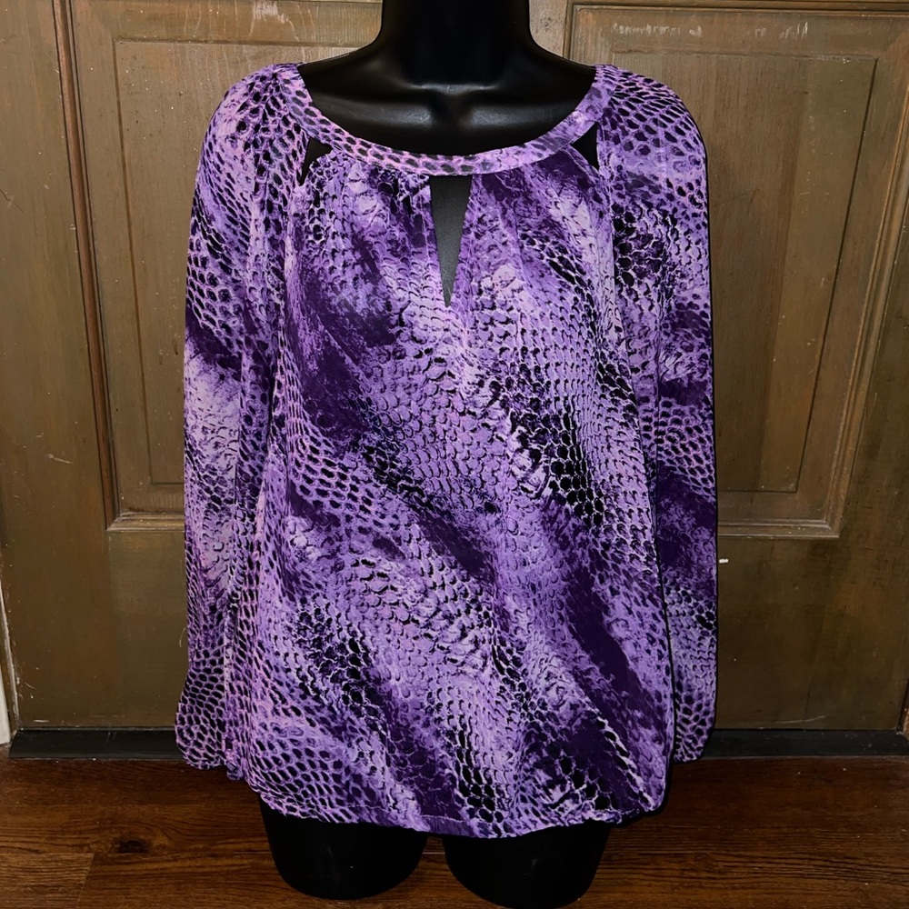 Jennifer Lopez Purple Snakeskin Print Cut Out Long Sleeve Y2K Blouse Size L - Picture 2 of 10